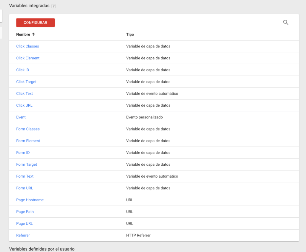 variables integradas google tag manager